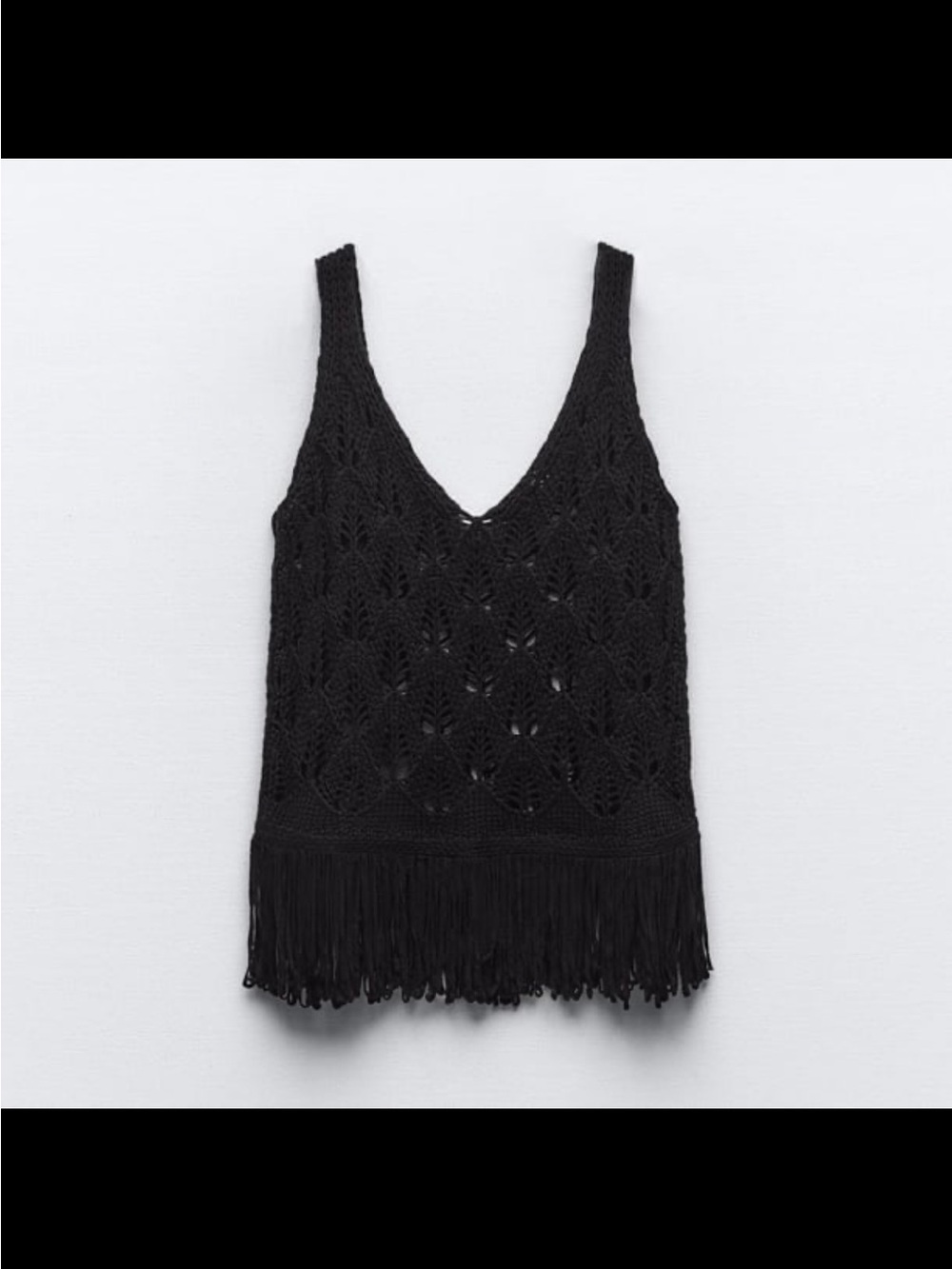 Zara Crocheted Black Fringe Top. L.